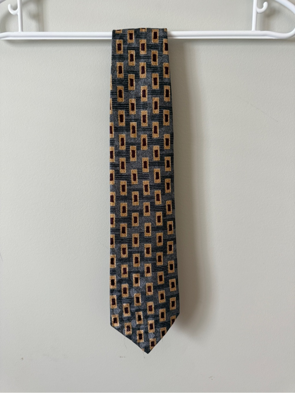 Vogue Italia Geometric Pattern Silk Tie Grey Gold Burgundy Retro